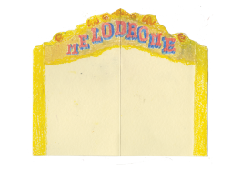 A small image of a yellow stage border. Along the bumpy top there is orange detailing and banner like writing, red, pointy text with a blue highlight to make it look 3D, says "MELODROME".
